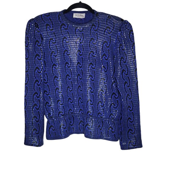 St. John by Marie Gray Blue Black Chain-link Blouse with Shoulder Pad Buttons 12 - Picture 1 of 5